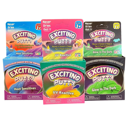 Set of 3 kids' stretchy glow-in-the-dark, heat-sensitive, UV reactive putty by Bodygenix, ideal for stress relief and sensory play.