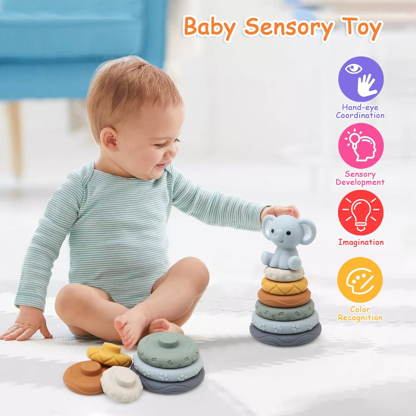 LEADSTAR Stacking Baby Toys Silicone, Elephant Silicone Soft Stack Rings, Teether for Baby, Early Development & Activity Sensory Toys for Babies, Toddlers & Infant, Gifts for Girls-7 PCS Teething Set