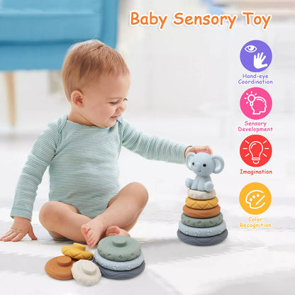 LEADSTAR Stacking Baby Toys Silicone, Elephant Silicone Soft Stack Rings, Teether for Baby, Early Development & Activity Sensory Toys for Babies, Toddlers & Infant, Gifts for Girls-7 PCS Teething Set