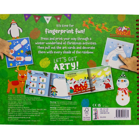 Bookoli Christmas fingerprint activity book for toddlers with 7 paint pads, festive coloring pages, and arts and crafts for kids.