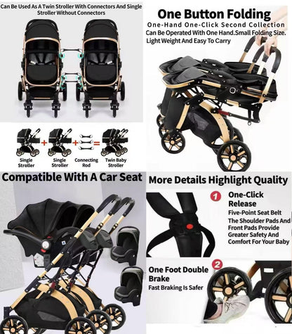 Rexhan Twin 4 in 1 Reversible Travel System, Foldable Double Baby Buggy, Twin Toddler Pram, Pushchair, Lightweight, Tandem All in One Stroller, Portable Baby Carriage, 0-4 Year, Aluminium Frame