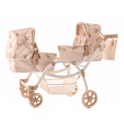 Roma Teddy Twin Dolls Pram - Realistic Double Dolls Pushchair for Ages 3-16, Cream with Teddy Print, Adjustable Handle, 16 Combinations, Ideal Toy Pram for Reborn Dolls, Includes Bag & Basket