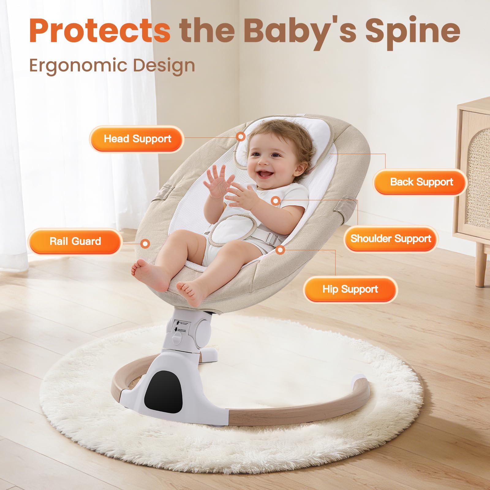 Cozydwells electric baby swing chair in beige, portable newborn bouncer with Bluetooth, 5 swing speeds, adjustable angles, remote control