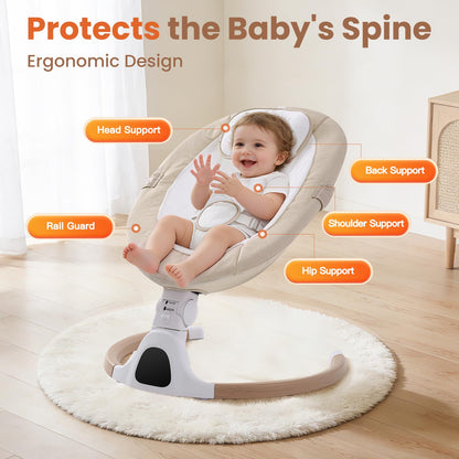 Cozydwells electric baby swing chair in beige, portable newborn bouncer with Bluetooth, 5 swing speeds, adjustable angles, remote control