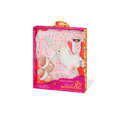 Our Generation Llama Lullabies outfit set with a onesie and plush llama toy for 18-inch dolls, displayed on a soft background.