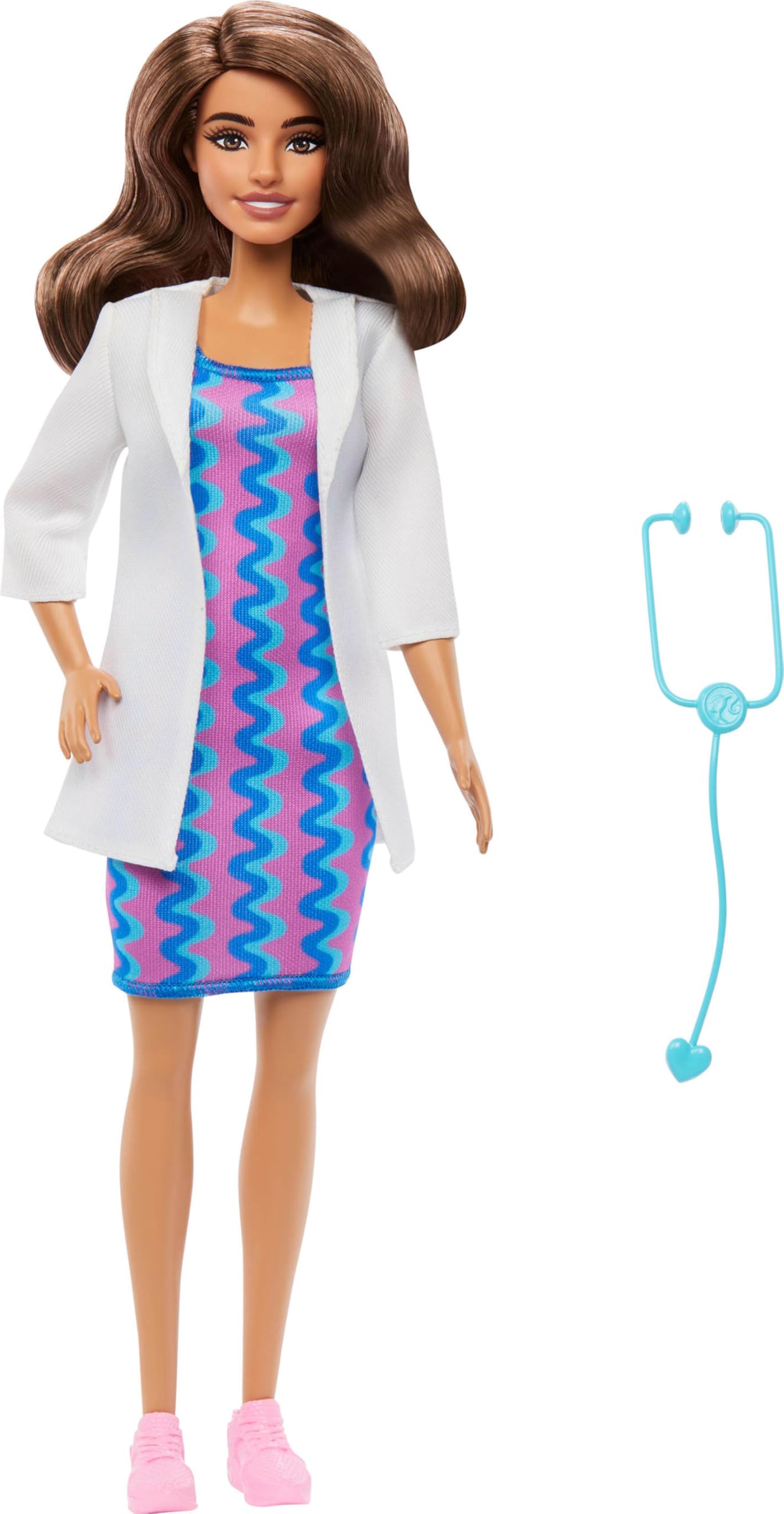 Barbie Careers Doctor Fashion Doll wearing a white coat, dress, shoes, and holding a stethoscope accessory.