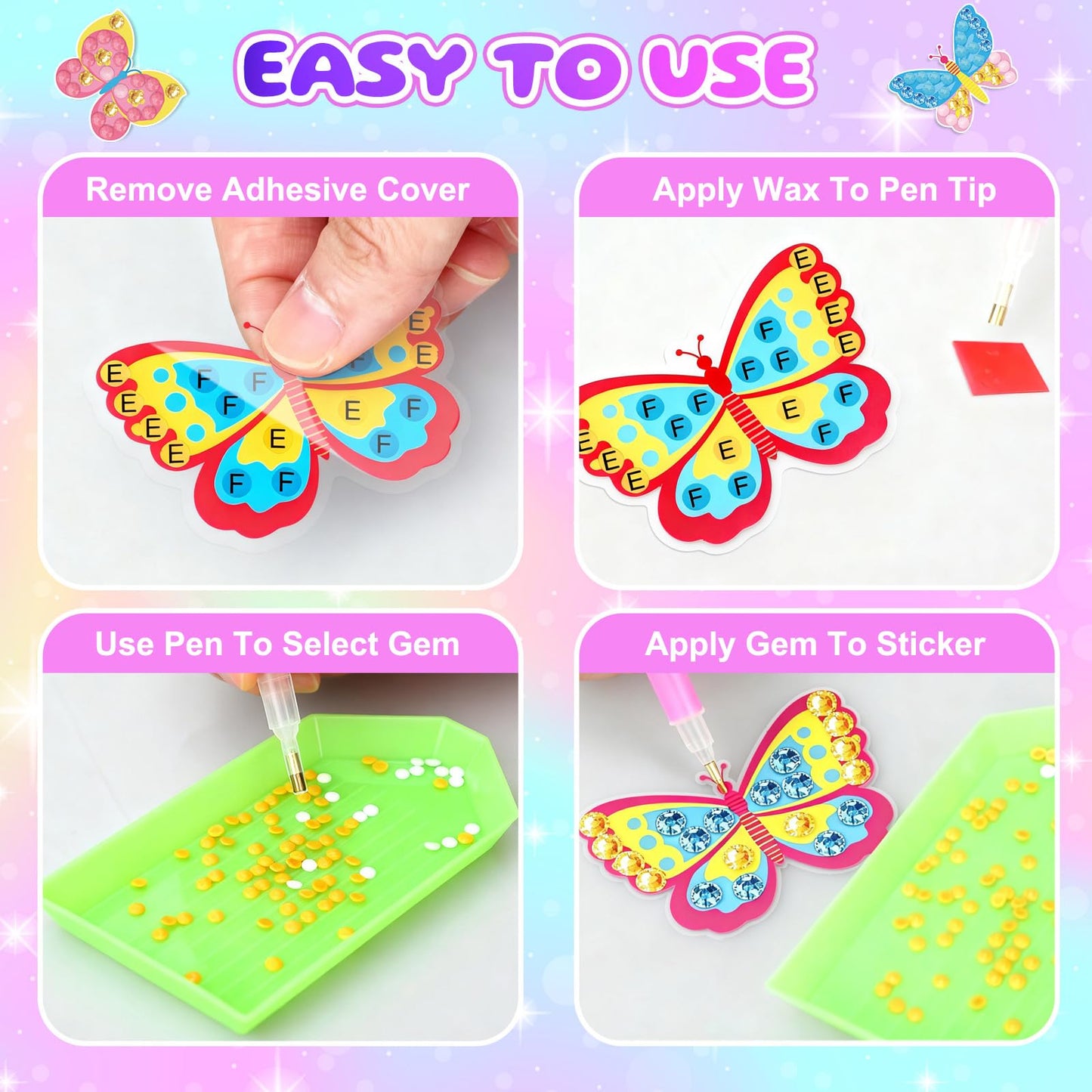 PinkSheep Wooden DIY Jewellery Box for Girl 6-12, Arts and Crafts Kits with Necklace Bracelet, Diamond Tape, Ddiamond Painting Box, DIY Pirate Treasure Chest Set for Kids (Purple Butterfly)