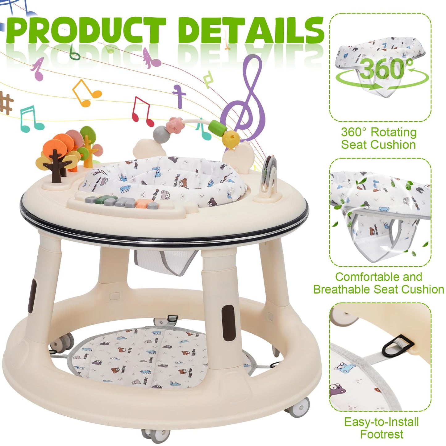 White baby walker with adjustable height, music and light features, 360° wheels, swivel seat, foot pad, and game play center for toddlers.