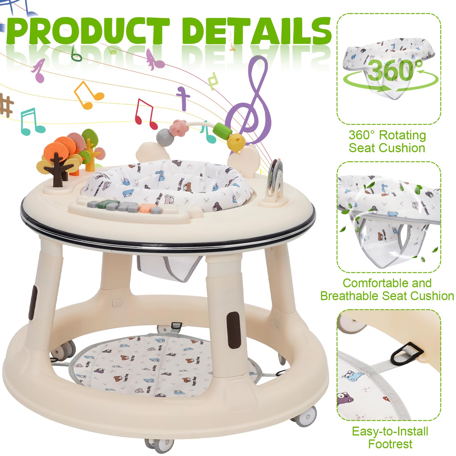 White baby walker with adjustable height, music and light features, 360° wheels, swivel seat, foot pad, and game play center for toddlers.