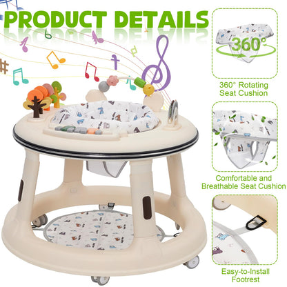 White baby walker with adjustable height, music and light features, 360° wheels, swivel seat, foot pad, and game play center for toddlers.