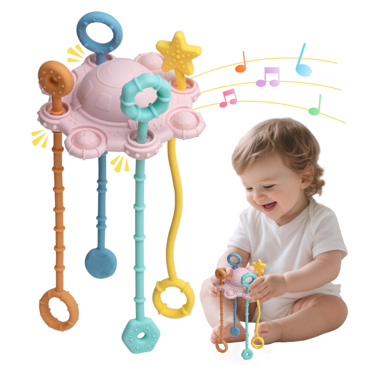 ROWFEN Baby Travel Toys - Montessori Silicone Pull String Toy Develops Sensory Skills for Babies, Built-in Rattle and Soft Press Function, Safe and Easy to Clean Design (Pink)