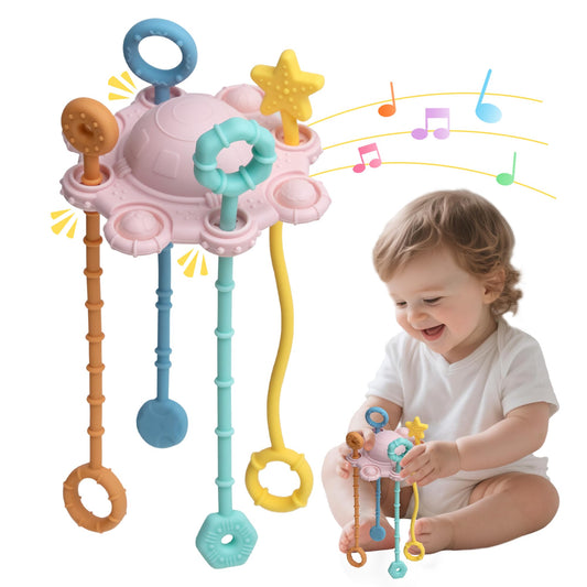 ROWFEN Baby Travel Toys - Montessori Silicone Pull String Toy Develops Sensory Skills for Babies, Built-in Rattle and Soft Press Function, Safe and Easy to Clean Design (Pink)