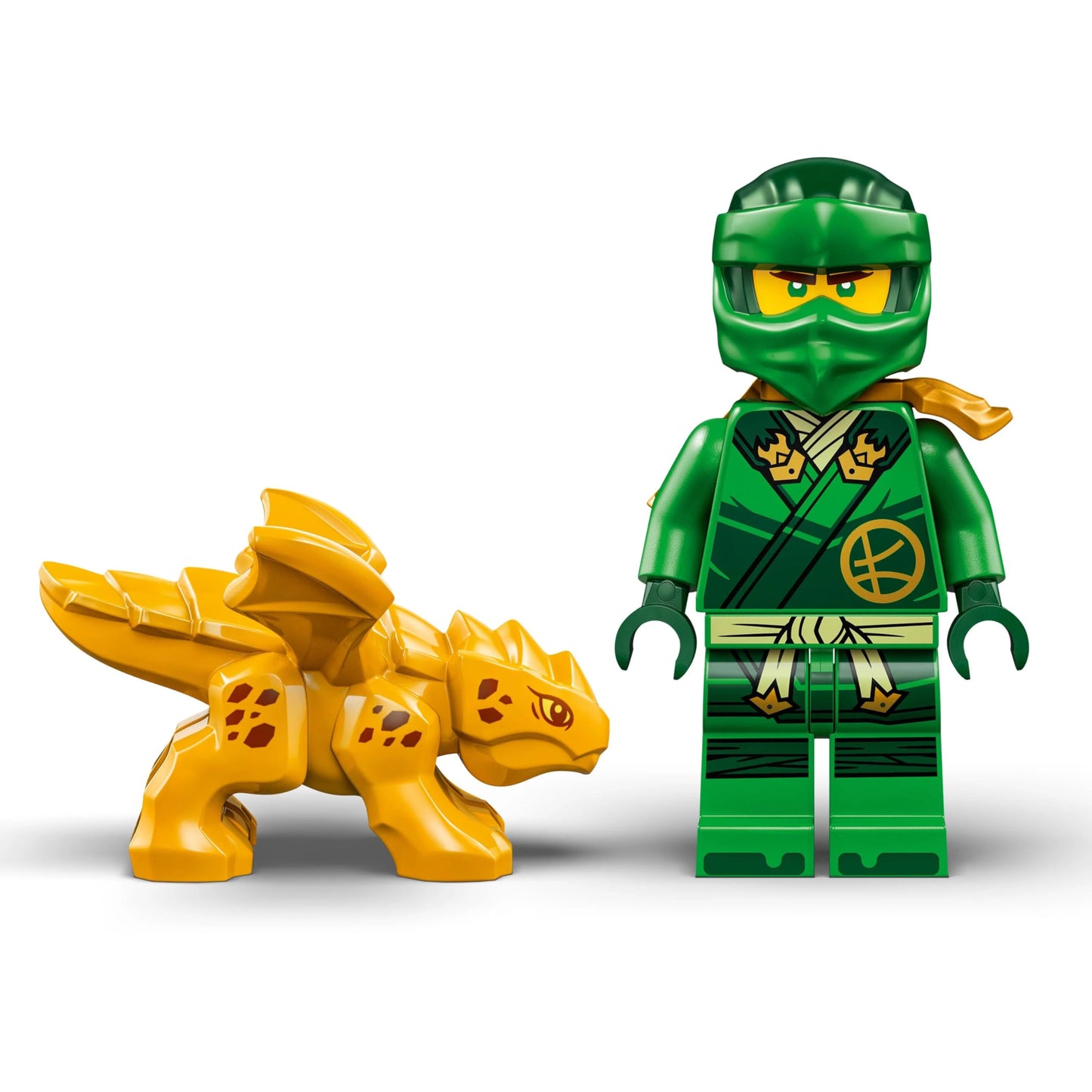 LEGO NINJAGO Lloyd’s Green Forest Dragon figure with two minifigures, building toy for creative play and ninja fans.