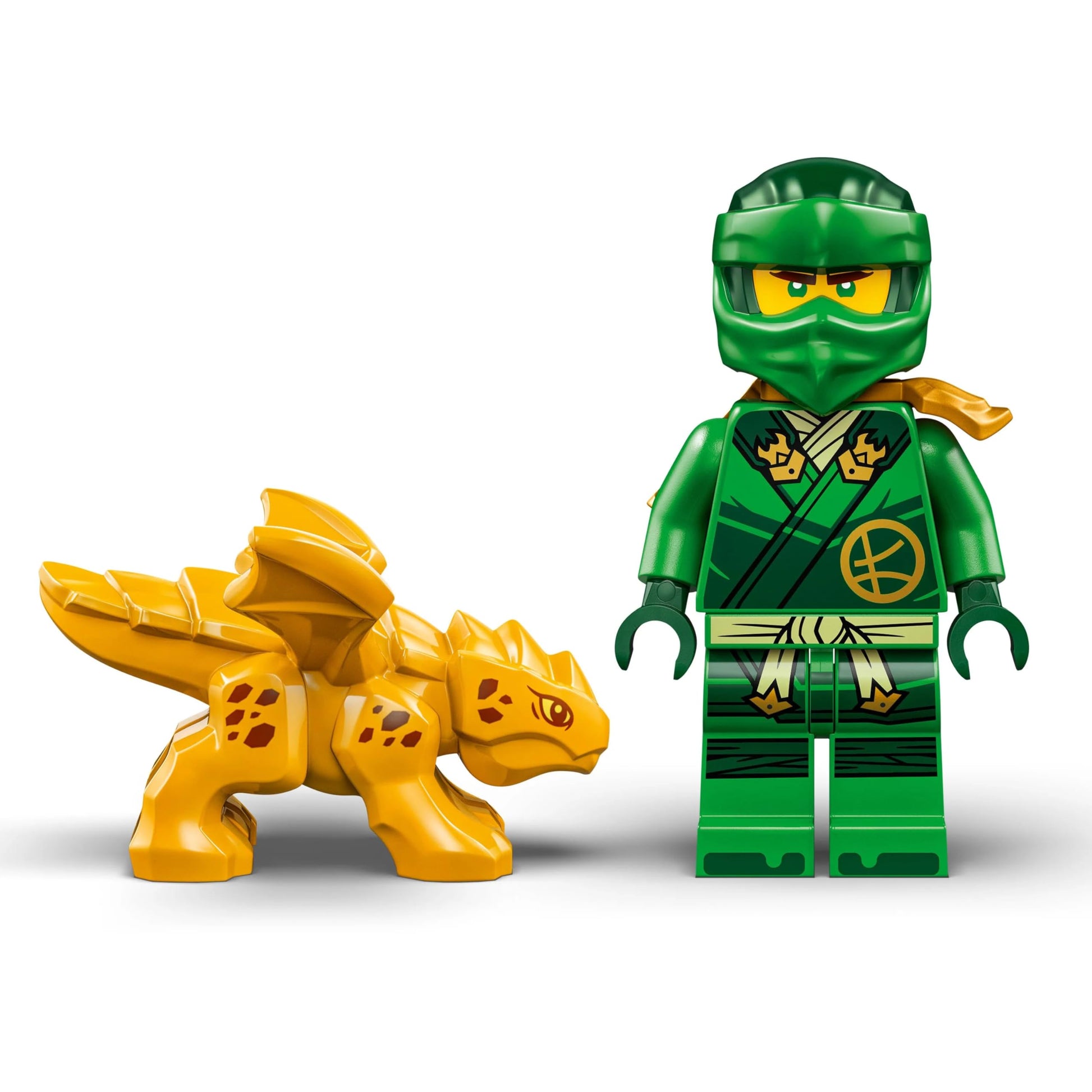 LEGO NINJAGO Lloyd’s Green Forest Dragon figure with two minifigures, building toy for creative play and ninja fans.