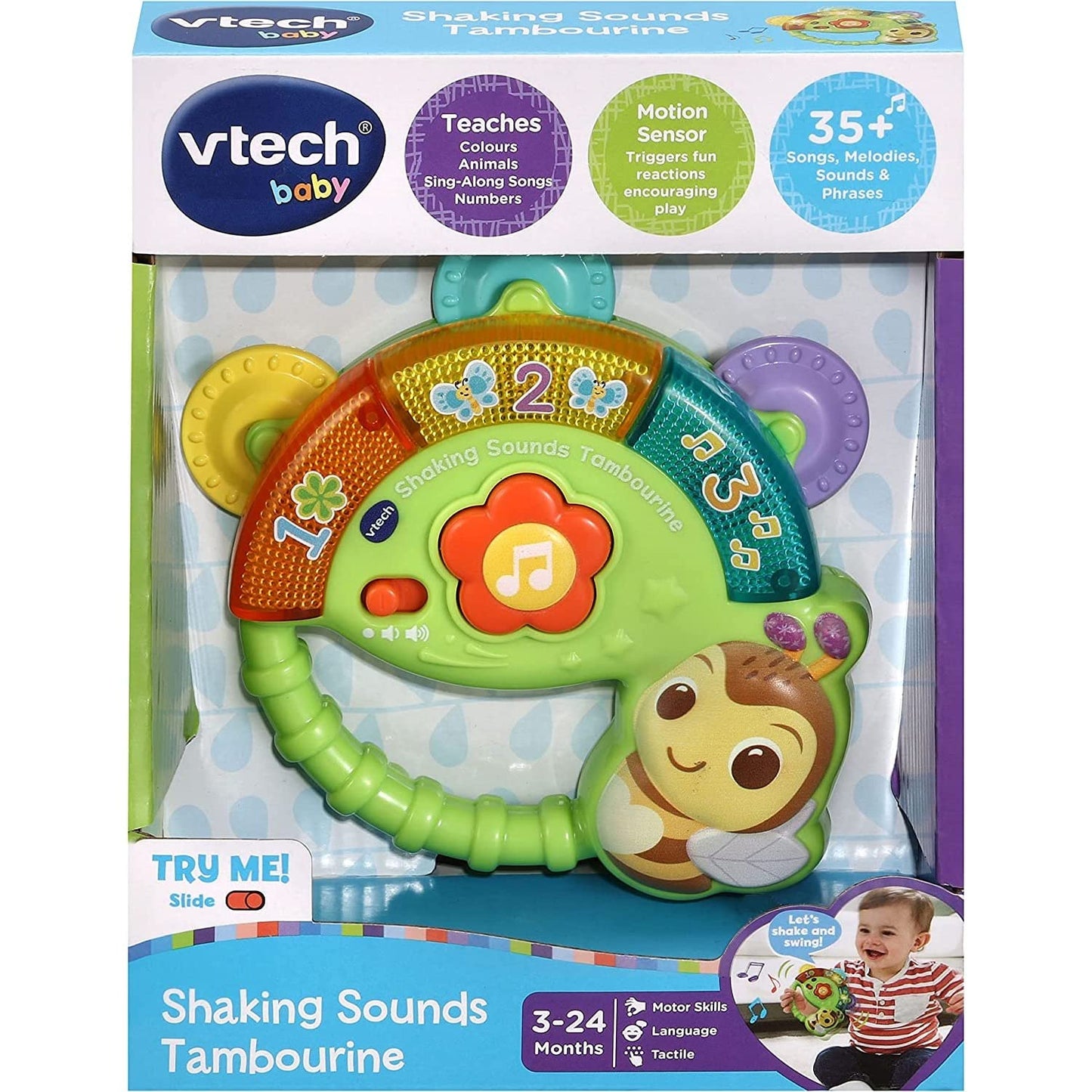 VTech Baby Shaking Sounds Tambourine featuring bright colors, lights, and music for sensory play in infants and toddlers.