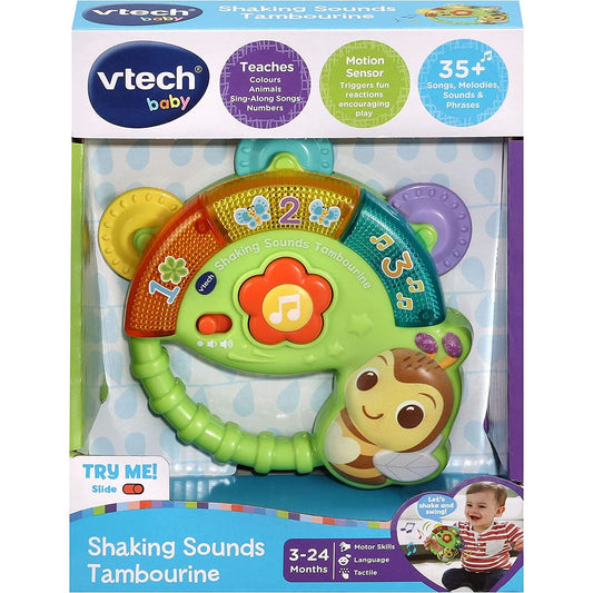 VTech Baby Shaking Sounds Tambourine featuring bright colors, lights, and music for sensory play in infants and toddlers.
