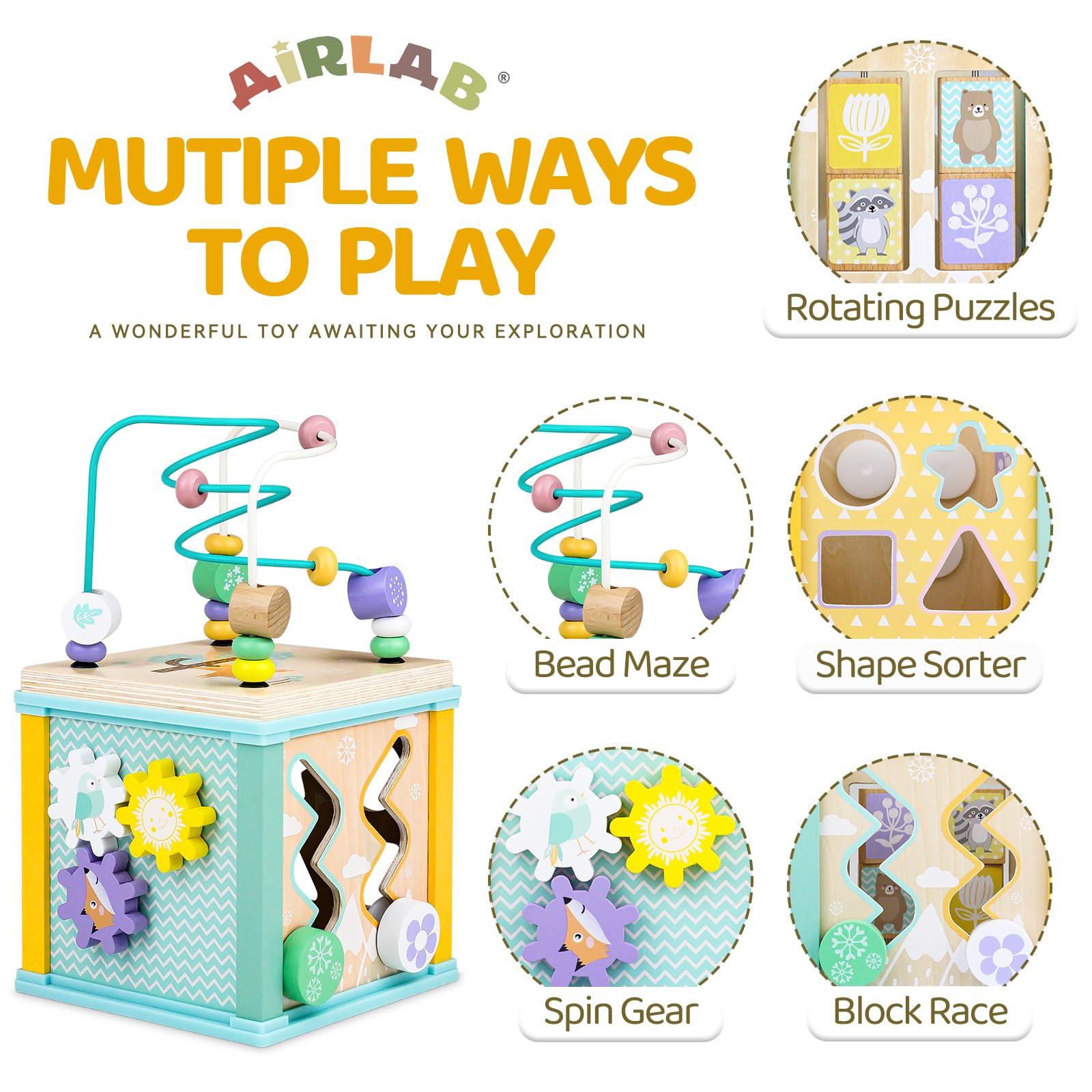 Alab wooden activity cube with bead maze, shape sorter, and sensory toys for toddlers age 1 to 3, educational Montessori baby toy