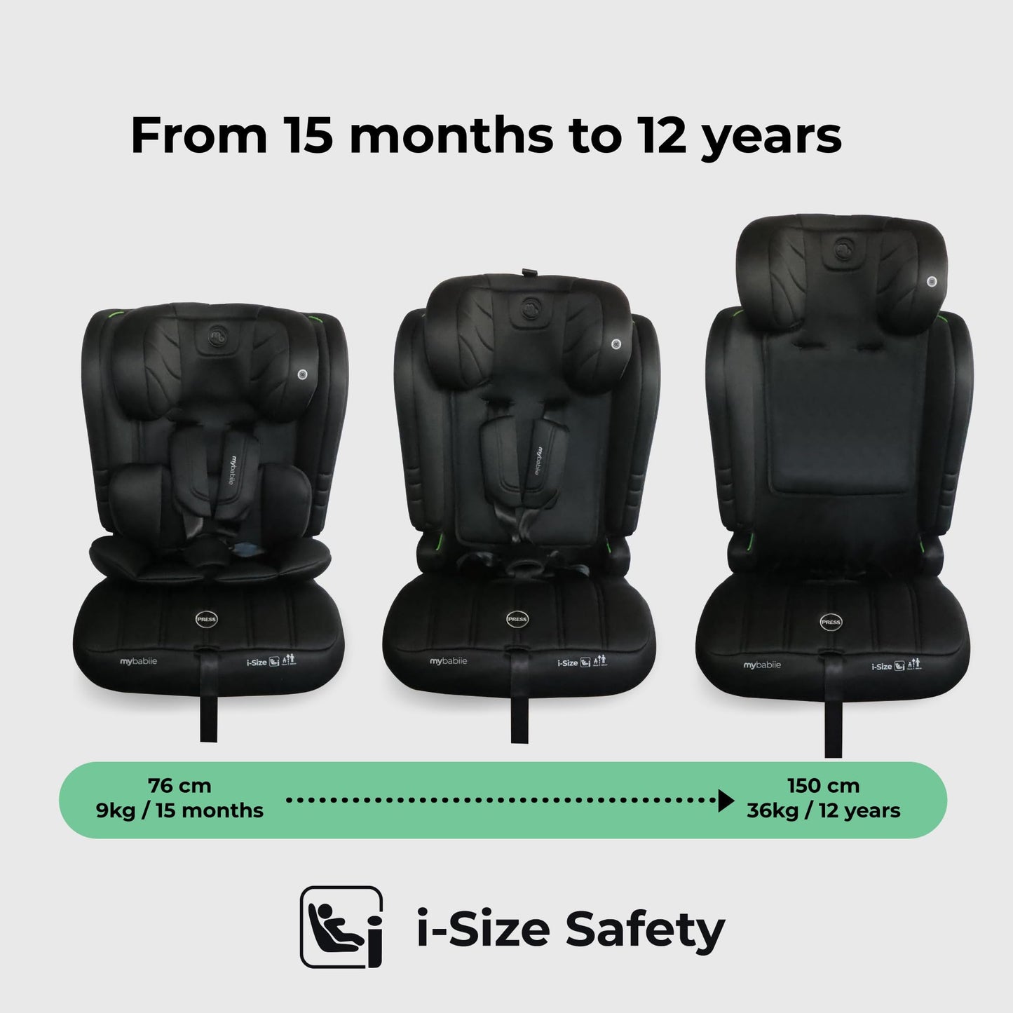 My Babiie MBCS50 Toddler to Booster R129 Child Car Seat - 5-Point Harness, 76-150cm (Approx. 9-36kg, 15 Months - 12 Years), i-Size, Group 1/2/3, Adjustable, Forward Facing - Black
