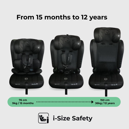 My Babiie MBCS50 Toddler to Booster R129 Child Car Seat - 5-Point Harness, 76-150cm (Approx. 9-36kg, 15 Months - 12 Years), i-Size, Group 1/2/3, Adjustable, Forward Facing - Black