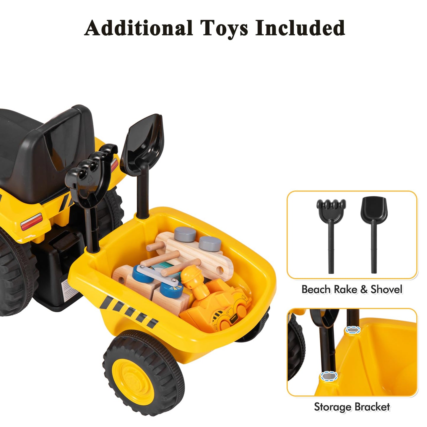 Maxmass Ride on Tractor and Trailer, Kids Sliding Toy Car with Detachable Trailer, LED Lights, Horn, Rake & Shovel, Foot to Floor Toddler Ride on Car for 12-36 Months Old (Yellow, 91 x 28 x 45cm)