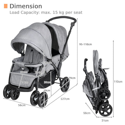Maxmass Double Seat Baby Stroller, Folding Infant Pushchair with Adjustable Handlebar & Backrest, Storage Basket and Detachable Canopy, Travel Toddler Buggy for Shopping, Hanging Out (Grey)