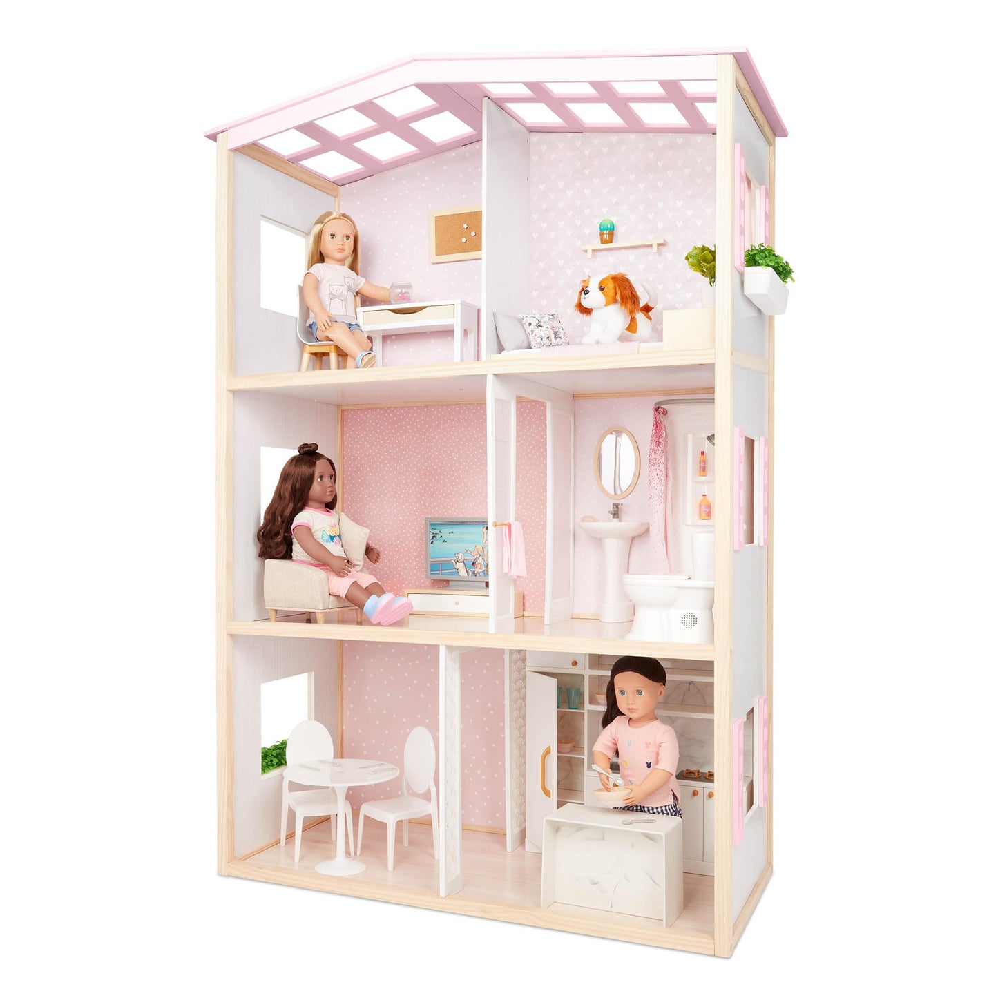 Our Generation dollhouse playset featuring movable furniture for bedroom, kitchen, and bathroom in a cozy setting.