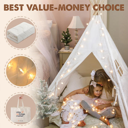 Tiny Land kids teepee tent in raw white canvas with padded mat, light string, carry case, foldable design for indoor and outdoor play.