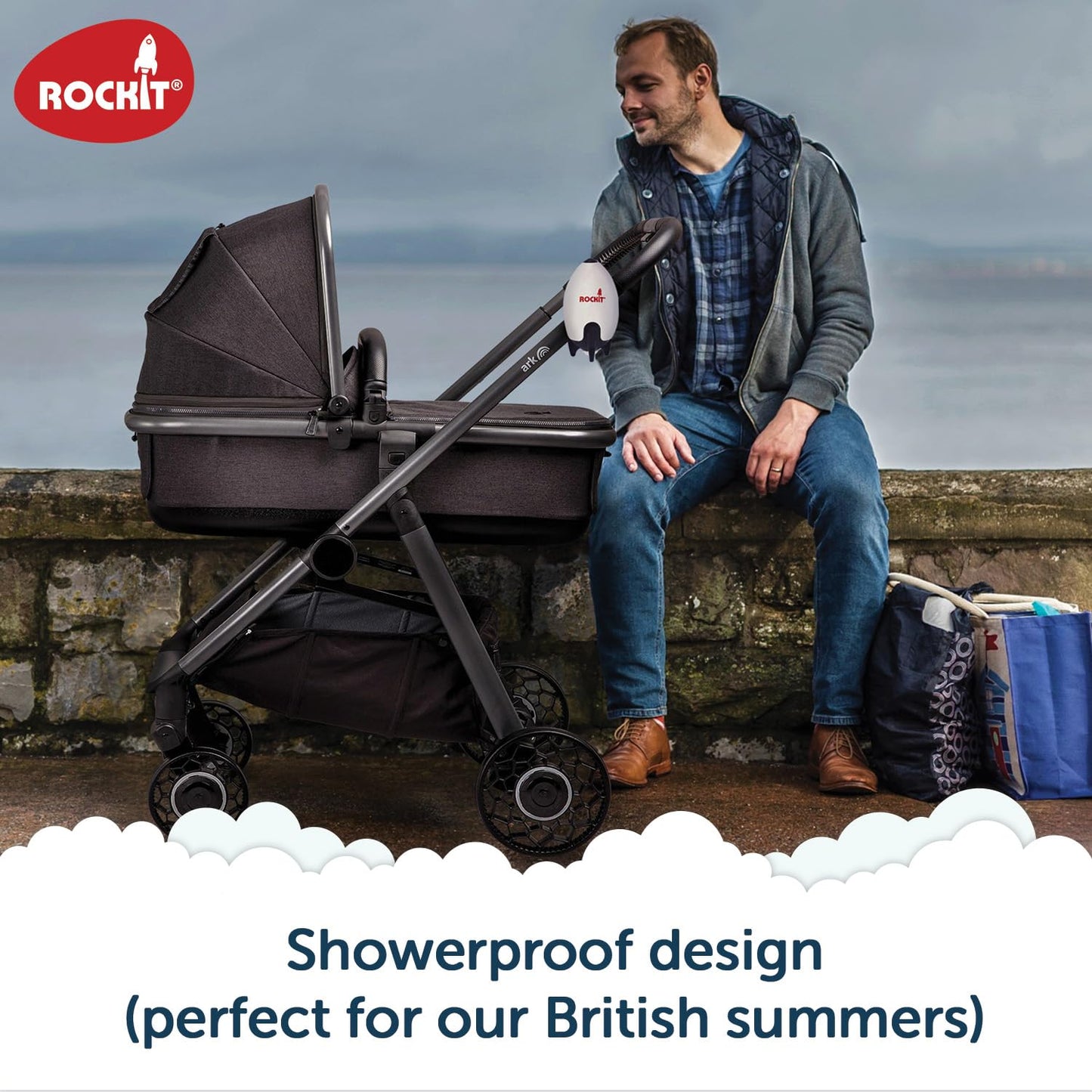 ROCKIT Rocker rechargeable baby sleep aid attached to stroller, showing adjustable speed controls and universal fit for prams and buggies.