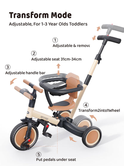 newyoo Toddler Trike with Parent Handle for 1-3 year old, Toddler Bike, Baby Balance Bike, Birthday Gift & Ride-On Toy for Boy & Girl, 5 in 1 Kids Tricycle with Safety Guard, TR008, Khaki