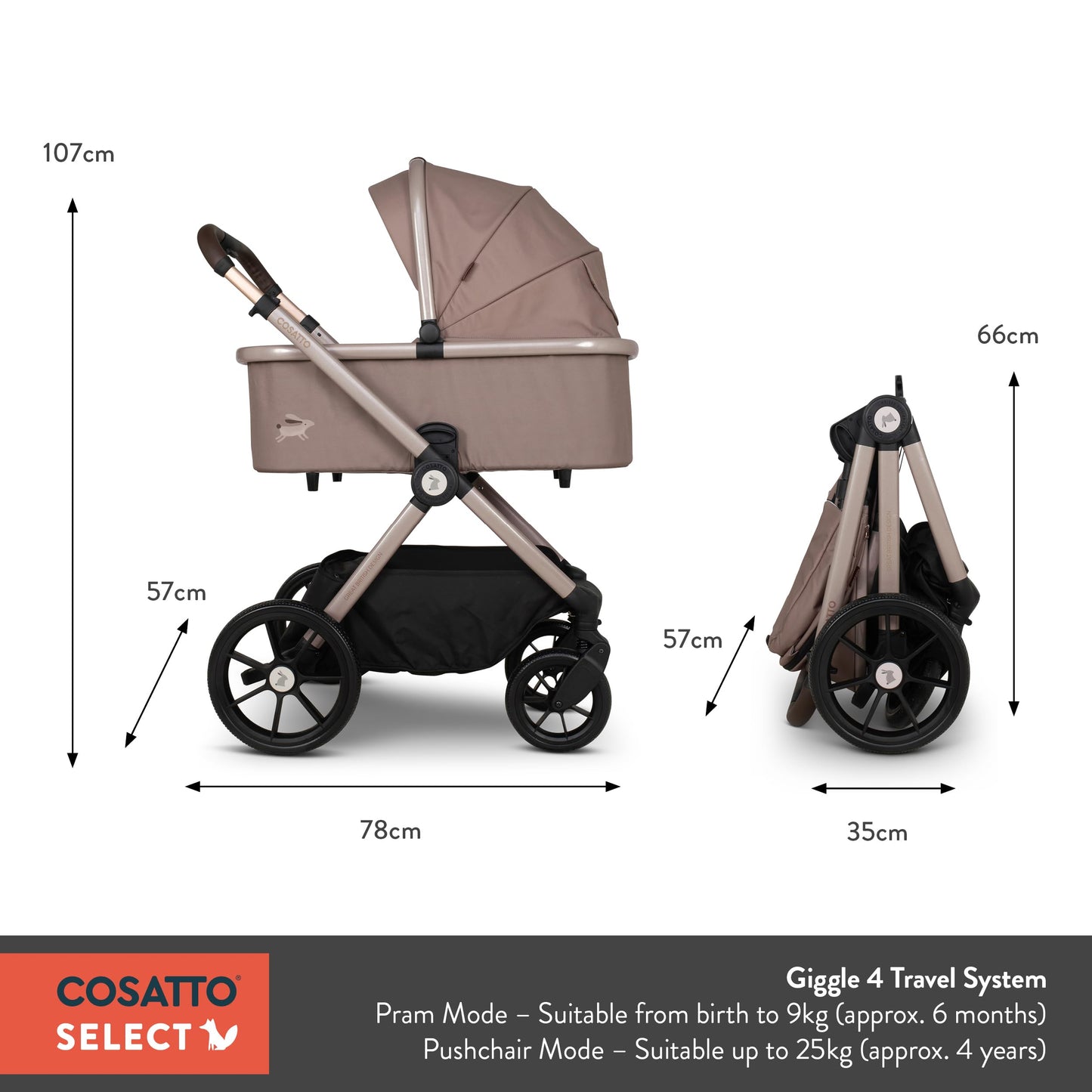 Cosatto Giggle 4 travel system with pram, infant car seat, raincover, and compact fold, suitable for babies and toddlers up to 4 years.