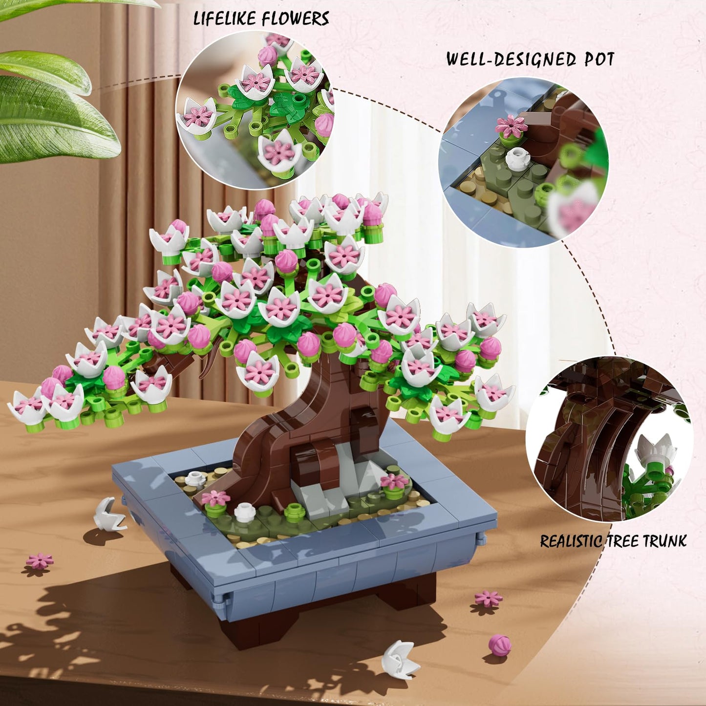 CUBIMANA Cherry Flowers Bonsai Building Set with 584 pieces, includes artificial seasonal cherry blossom trees for home or office decor