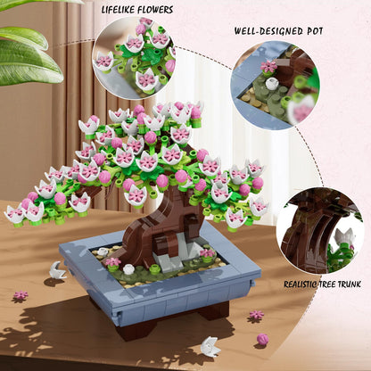 CUBIMANA Cherry Flowers Bonsai Building Set with 584 pieces, includes artificial seasonal cherry blossom trees for home or office decor