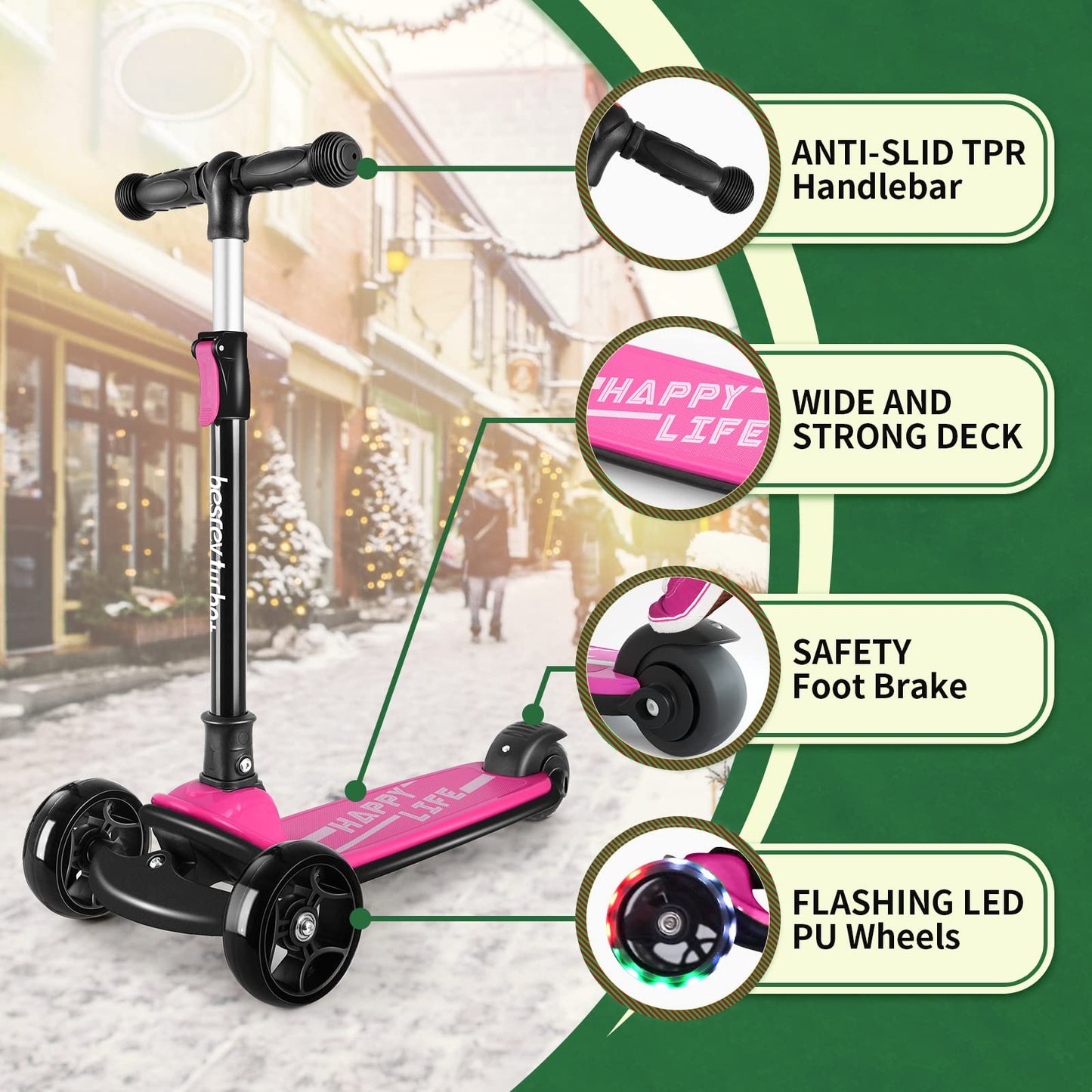 besrey kids' 3-wheel folding kick scooter with LED light wheels, adjustable height, and wide deck for outdoor fun.