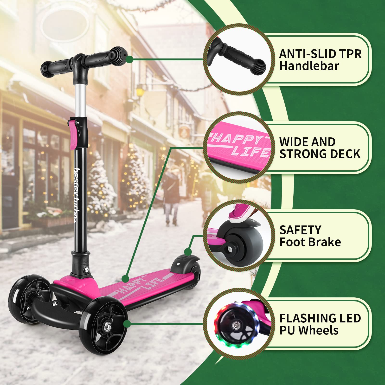 besrey kids' 3-wheel folding kick scooter with LED light wheels, adjustable height, and wide deck for outdoor fun.
