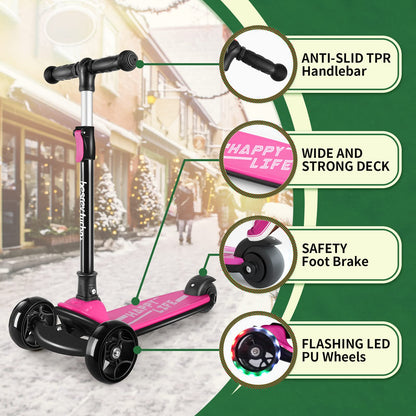besrey kids' 3-wheel folding kick scooter with LED light wheels, adjustable height, and wide deck for outdoor fun.