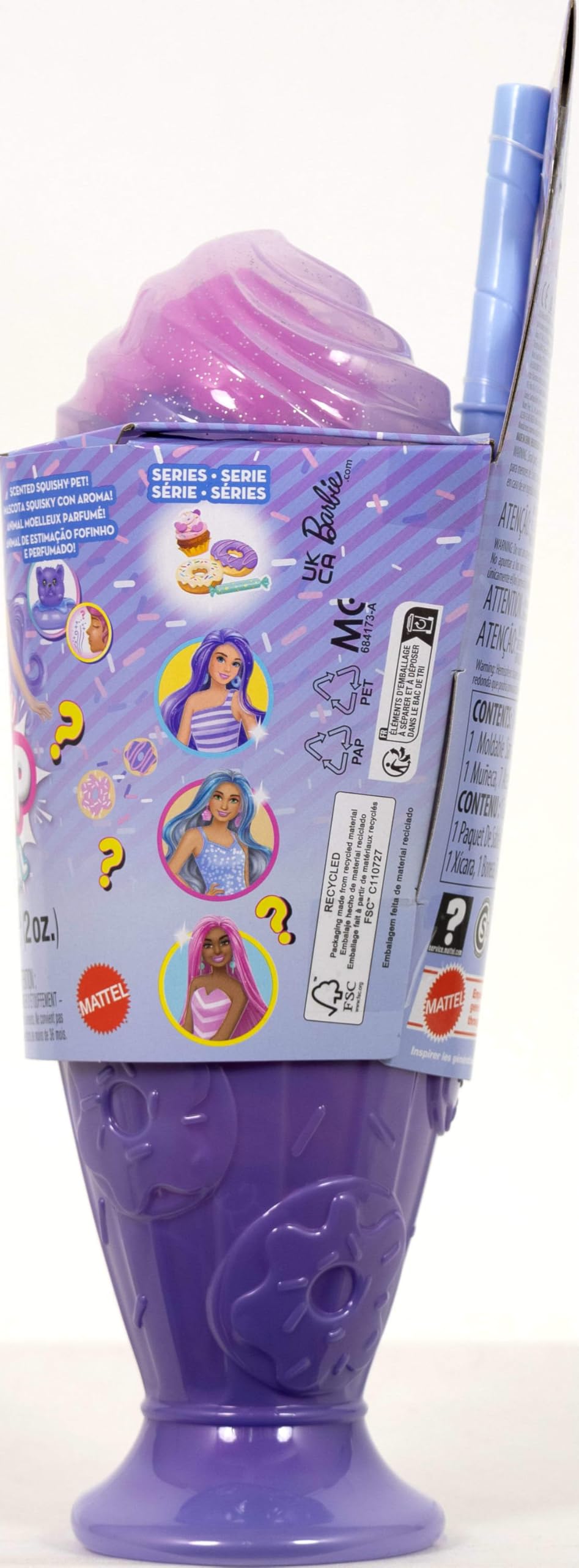 Barbie Pop Reveal Treat Series fashion doll with donut theme, pet, and 8 surprises including color change accessories.