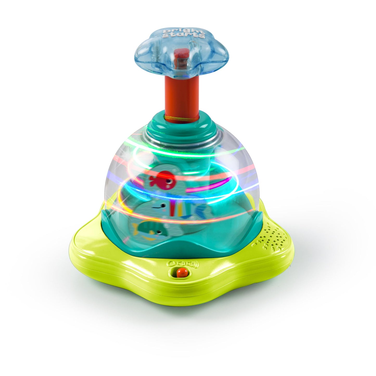 Bright Starts Press and Glow Spinner musical baby toy with multicoloured lights, designed for babies 6 months and older.