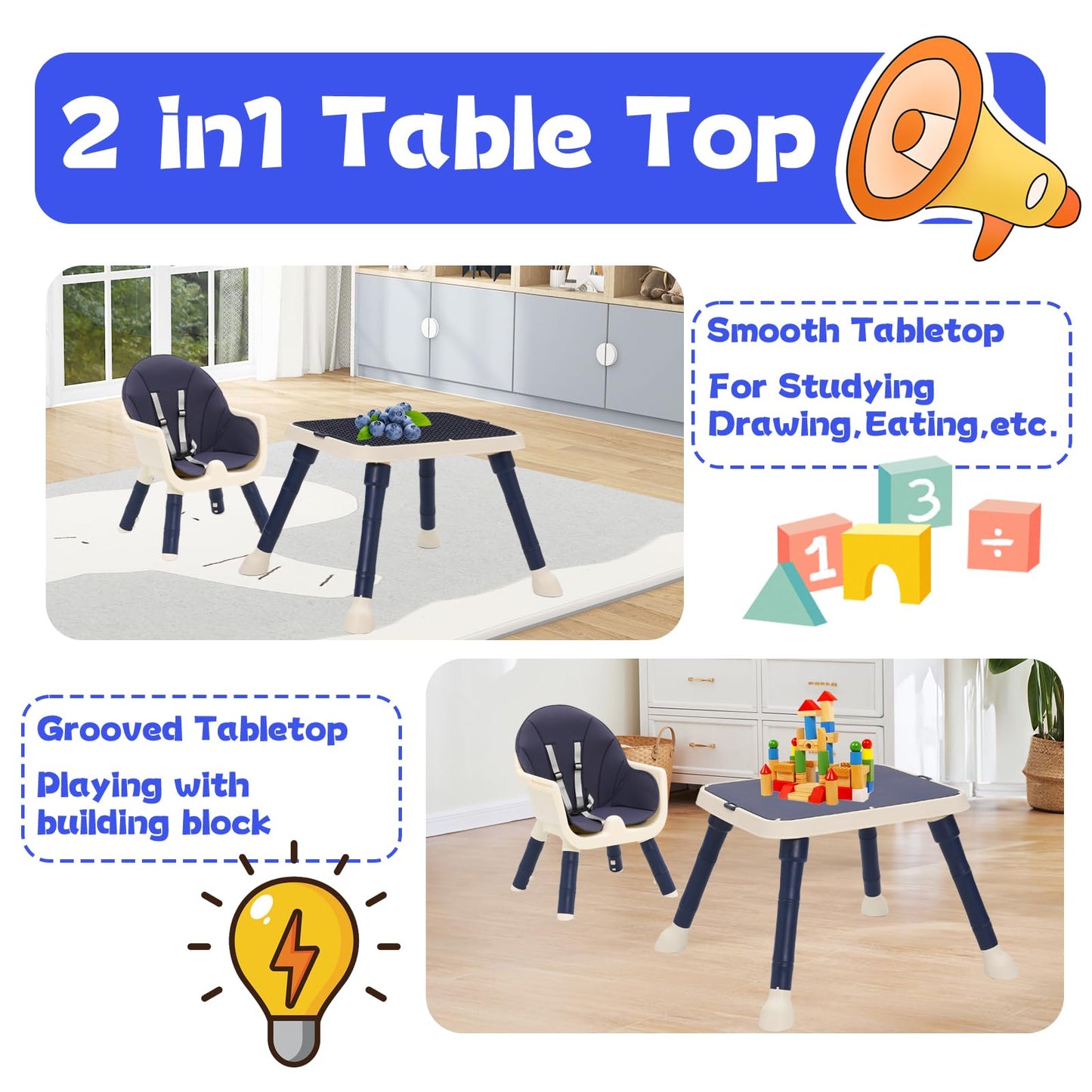 7-in 1 Baby High Chair, Highchair with Removable Game Table, Adjustable Height, Footrest, Portable Baby Chair Multifunctional Combination for Babies Toddlers (Blue)