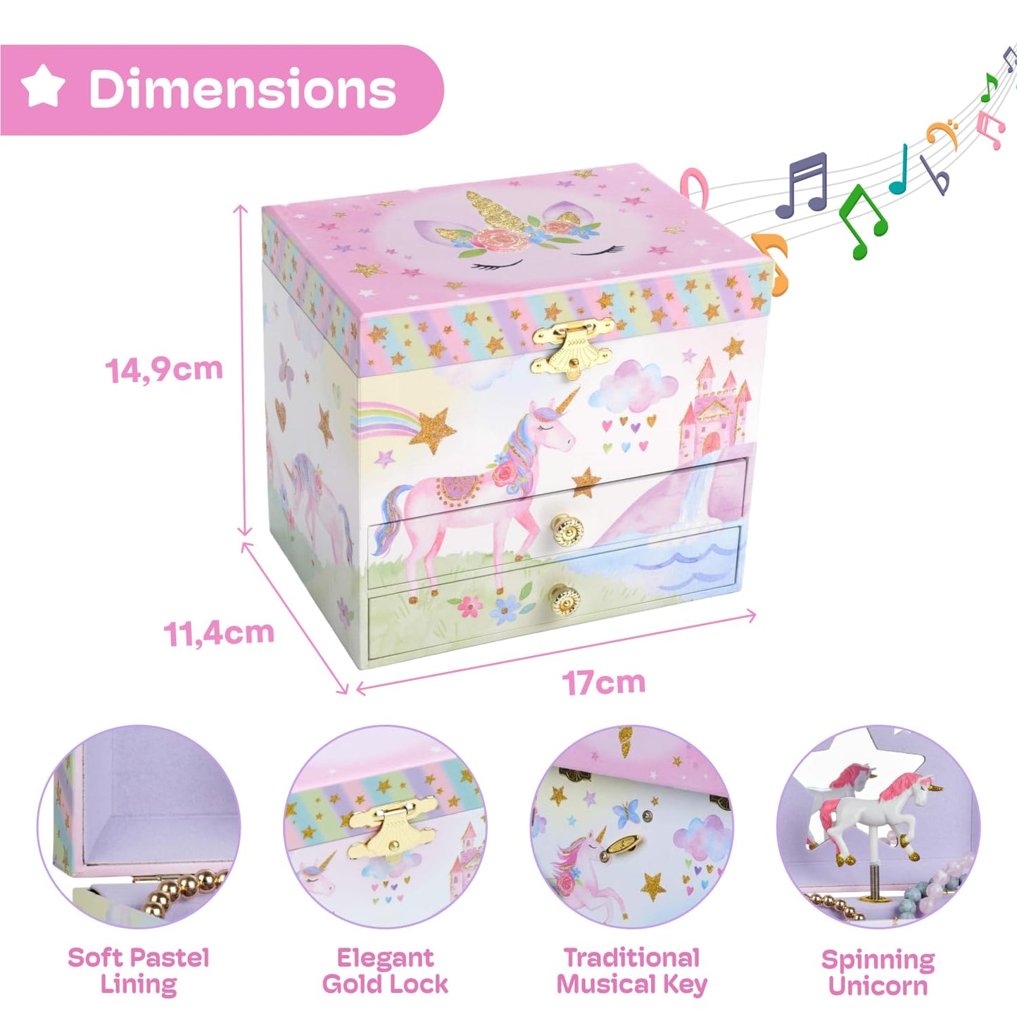Jewelkeeper Unicorn Jewellery Box for Girls with 2 Pull-out Drawers, Glitter Rainbow and Stars Unicorn Design, The Beautiful Dreamer Tune - Store Your Precious Items - Ideal for Girls Ages 3 and Up