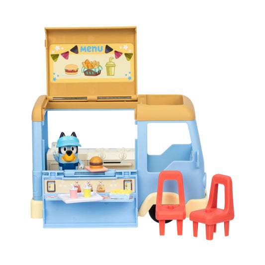 Bluey Transforming Food Truck Playset, Transforms Into a Café With Dining Area and Chairs. Includes Exclusive Figure Wearing Her Apron and Visor, 5 Accessories and Sticker Sheet
