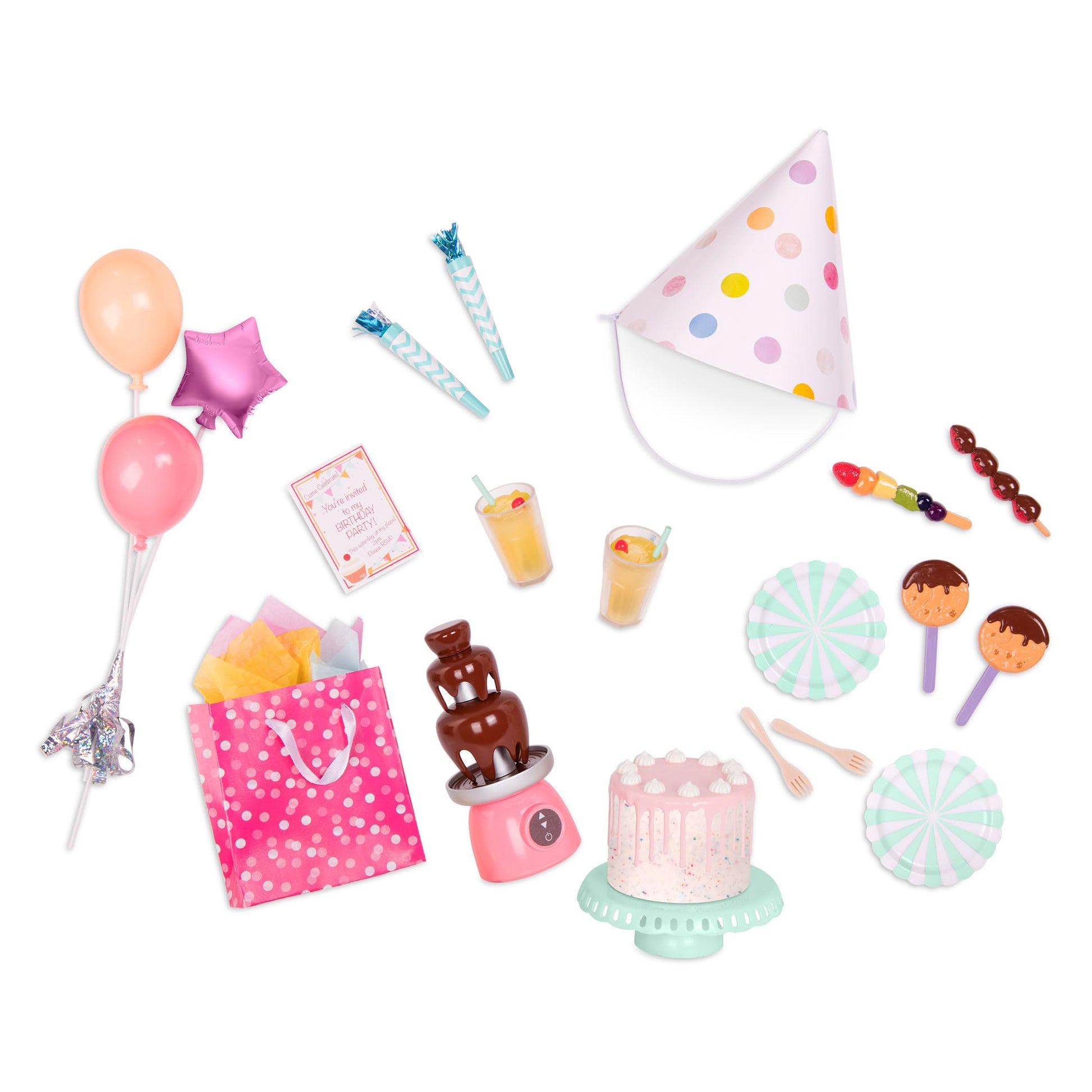18-inch Our Generation doll party accessories featuring a colorful birthday cake and balloons for imaginative play.