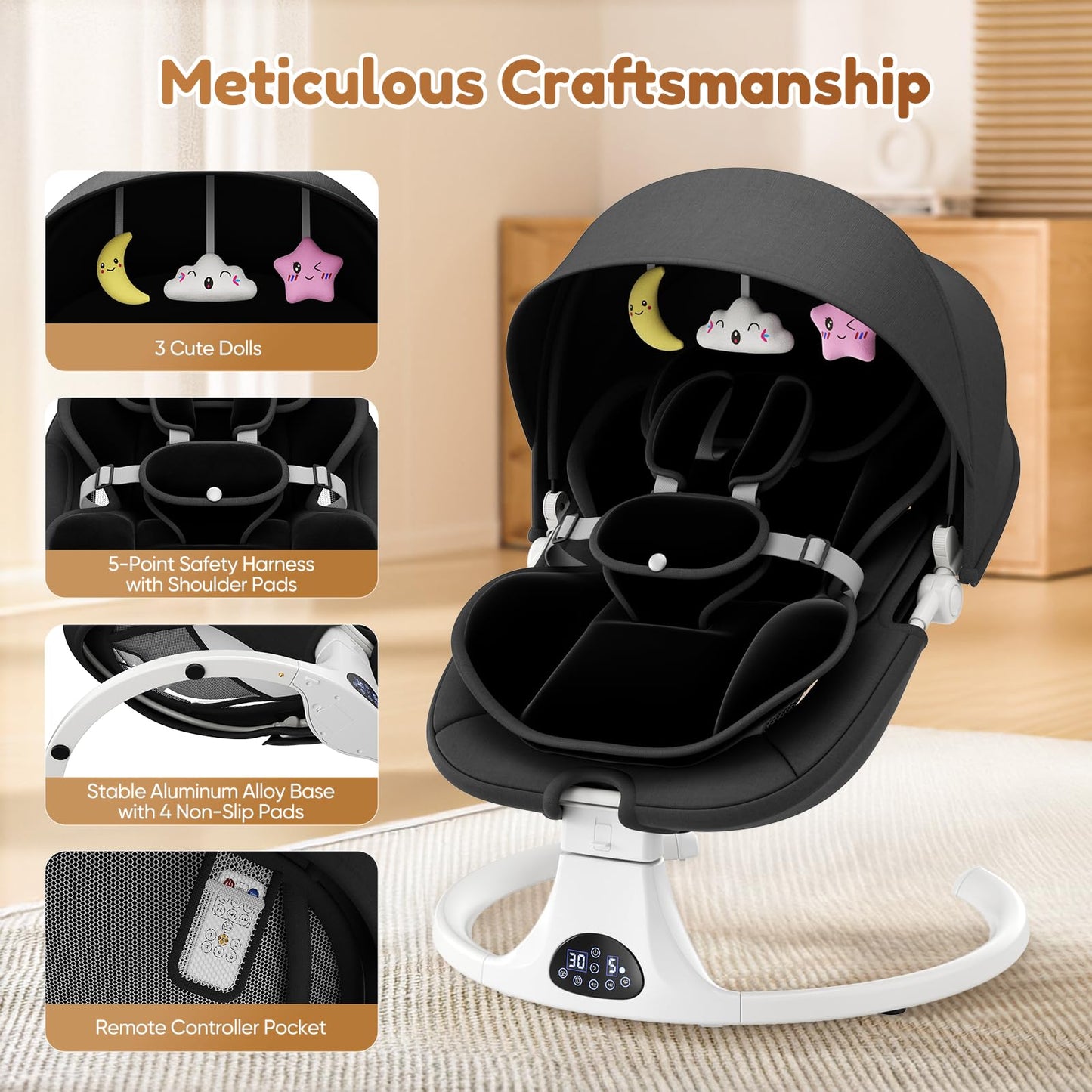 Helangel baby swing for infants and toddlers, electric with 5-speed settings, 3-seat positions, Bluetooth music, indoor and outdoor use.