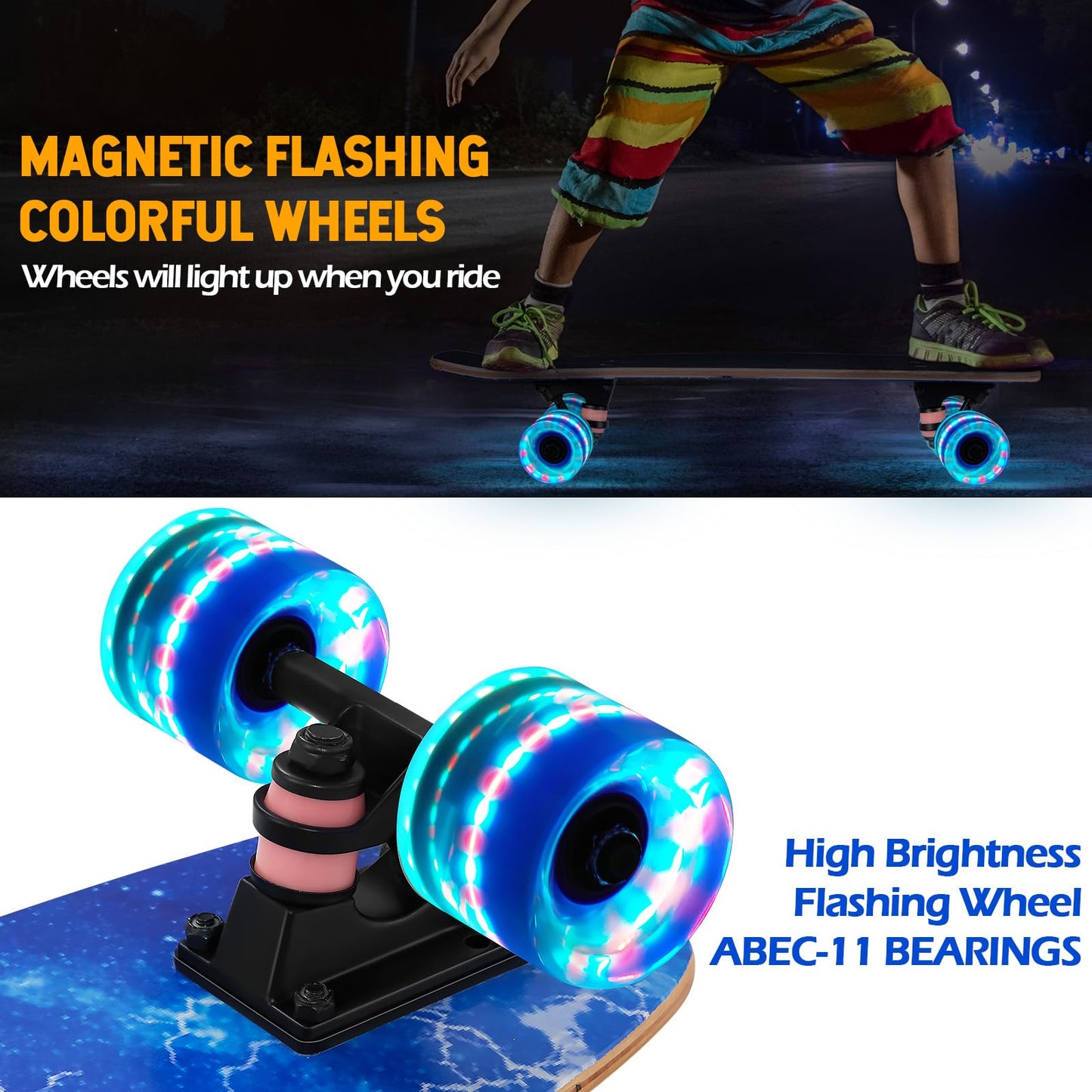 GIEEU Skateboards with Colorful Flashing Wheels for Beginners, Kids, Teens, Adults, 21.8" x 6.1", Complete Standard Skateboards, 9 Layers Maple Deck, Concave Skateboard (X-Lighting)