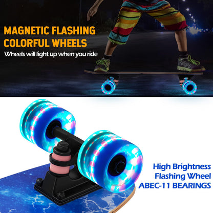 GIEEU Skateboards with Colorful Flashing Wheels for Beginners, Kids, Teens, Adults, 21.8" x 6.1", Complete Standard Skateboards, 9 Layers Maple Deck, Concave Skateboard (X-Lighting)