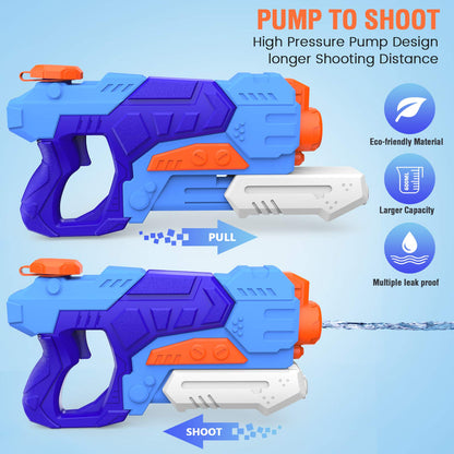 Kiztoys water gun toys for kids, 2-pack with large 1200ml capacity and 33ft long range for summer water play at the garden or beach.
