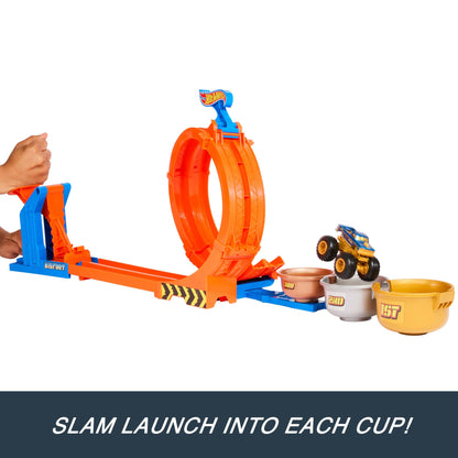 Hot Wheels Monster Trucks Loop-and-Flip Trophy Challenge playset with 1:64 scale Bigfoot toy truck on display.