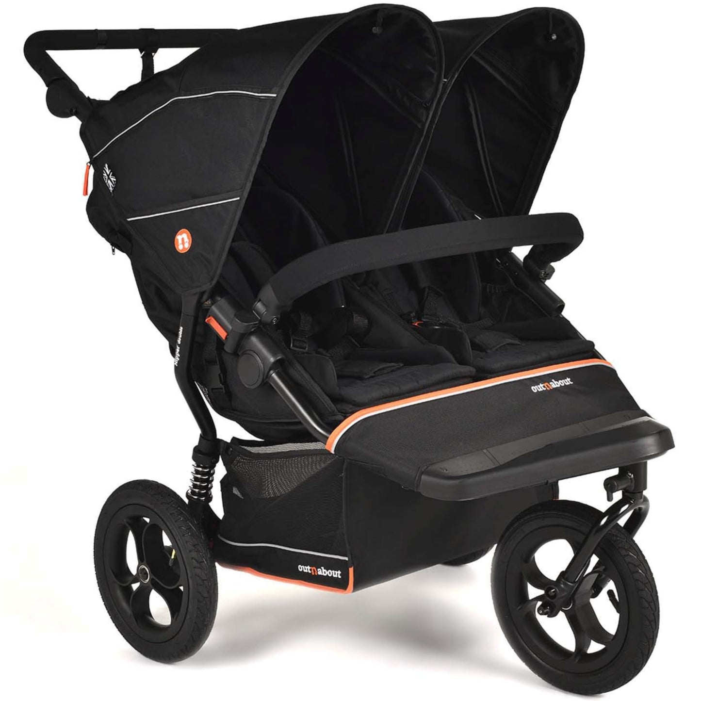 Out’n’About Nipper Double V6 Pushchair | Lightweight All-Terrain Twin Buggy with Raincover, 12” Air-Filled Wheels & Compact Fold | Side-by-Side Double Stroller for Newborn to Toddler - Summit Black