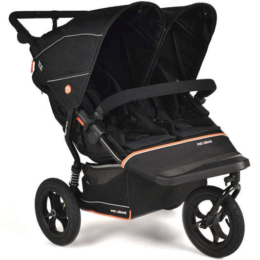 Out’n’About Nipper Double V6 Pushchair | Lightweight All-Terrain Twin Buggy with Raincover, 12” Air-Filled Wheels & Compact Fold | Side-by-Side Double Stroller for Newborn to Toddler - Summit Black
