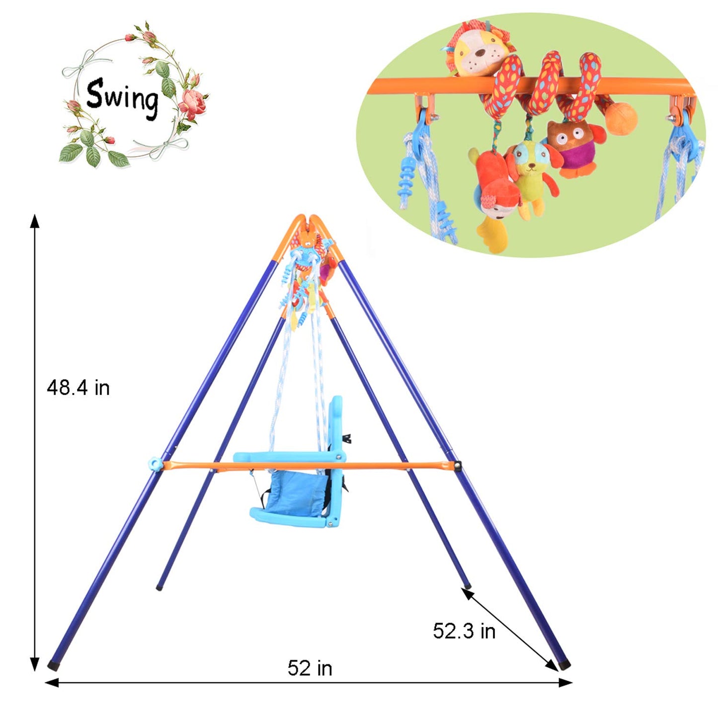DRM folding indoor outdoor baby toddler swing set with support back, baby seat, and spiral hanging toys for kids' play and comfort.