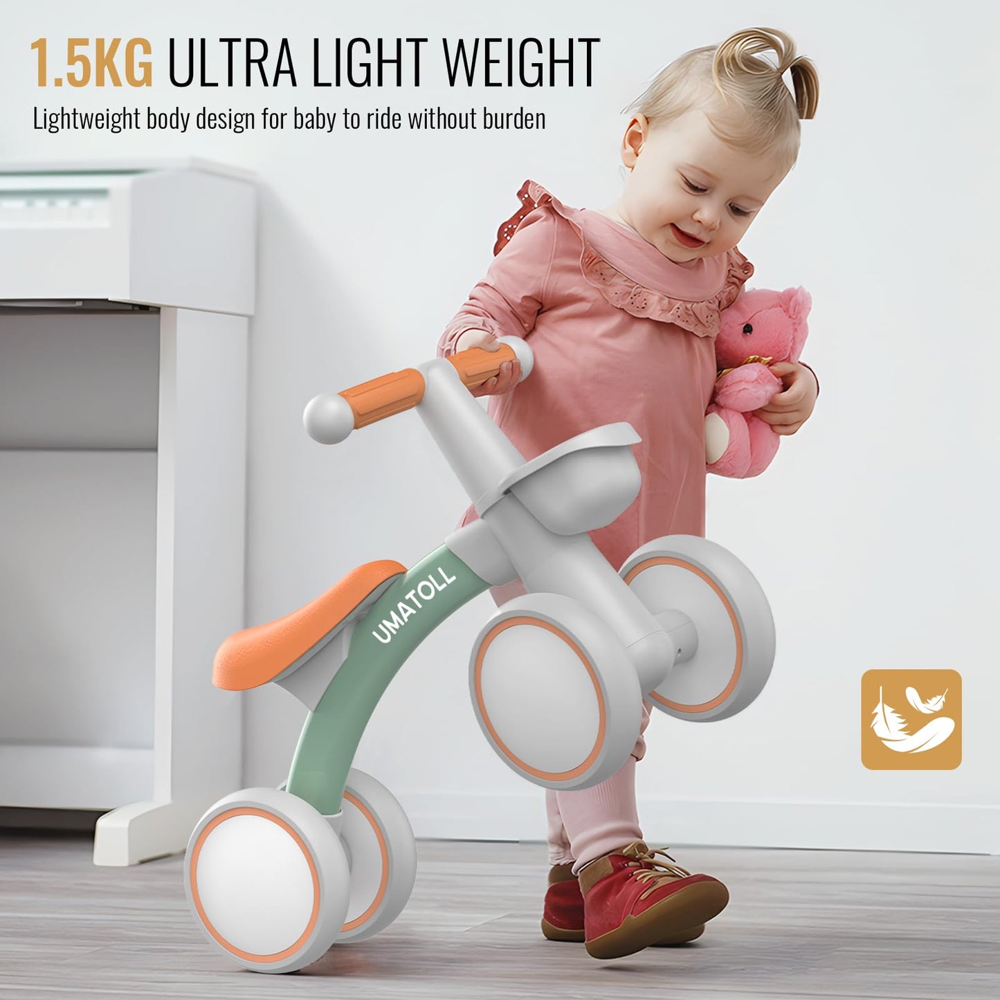 Umatoll baby balance bike for toddlers, featuring a removable basket, adjustable seat, and four wheels in green.